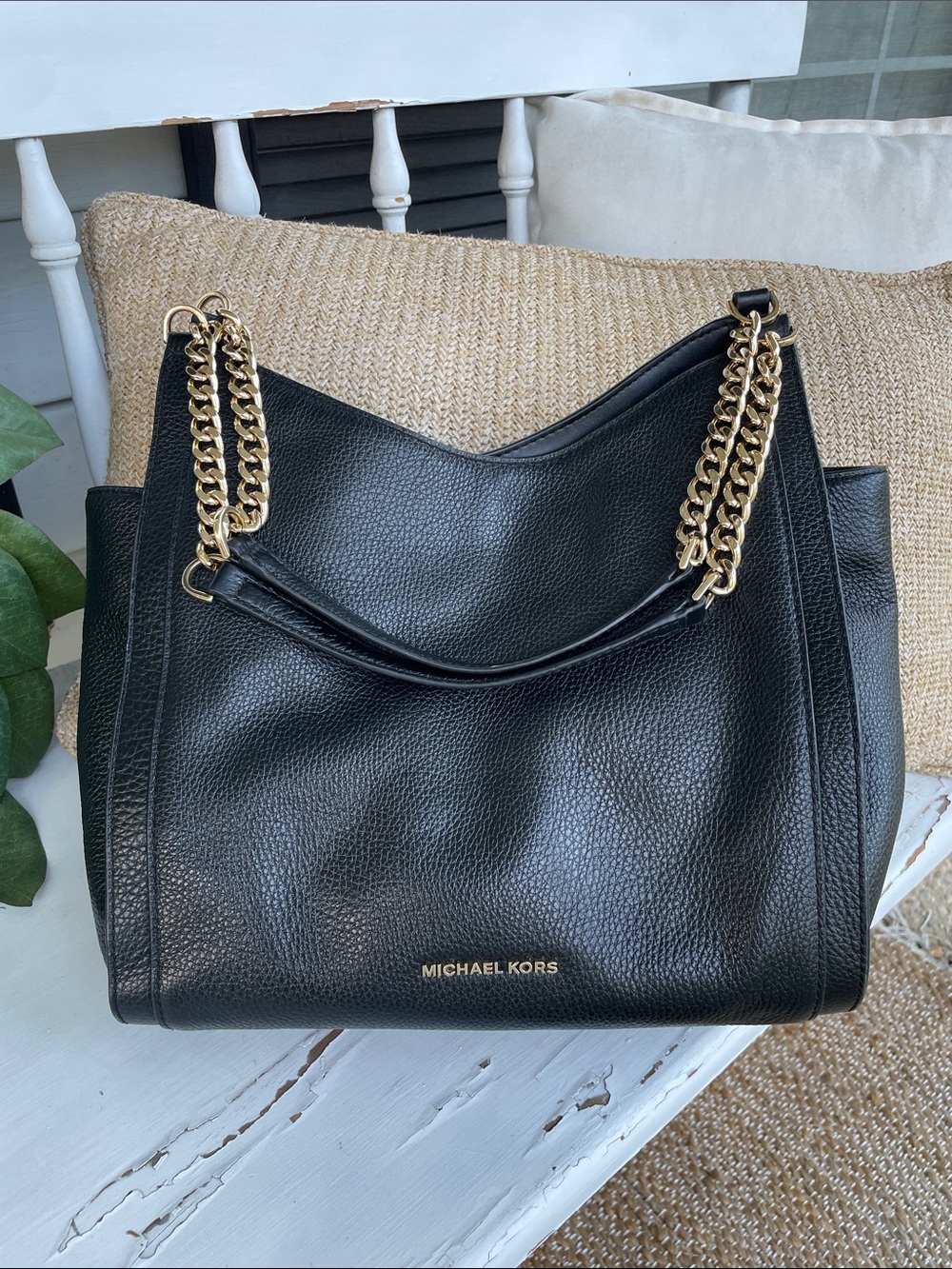 Michael Kors Newbury Medium Chain Black Pebbled Leather Shoulder Tote